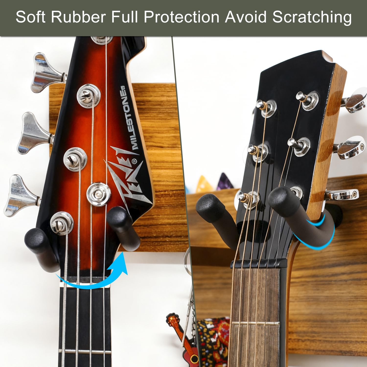 Supporto da parete per chitarra, gancio da parete per chitarra in legno massiccio con 3 ganci e 2 ganci girevoli in gomma per chitarra, espositore per chitarra con ripiano e porta plettri per chitarra