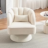 GarveeHome Beige Velvet Swivel Barrel Accent Chair, 360° Rotation, Striped Backrest, Plush Lounge Armchair for Living Room, Bedroom, Reading Nook