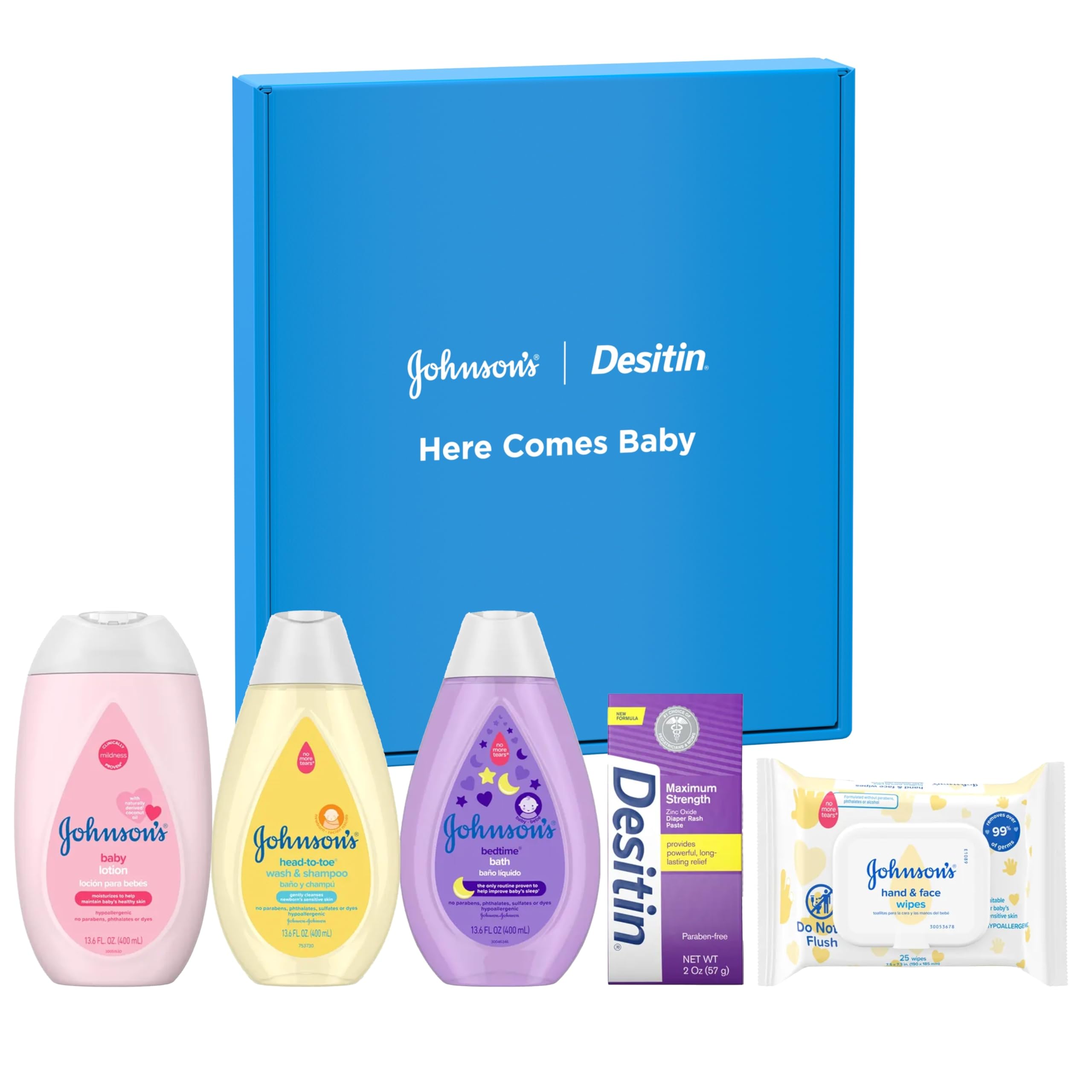Johnson's Baby Here Comes Baby Gift Set, Baby Essentials for New Parents with Moisturizing Lotion, Bedtime Bath, Body Wash & Shampoo, Hand & Face