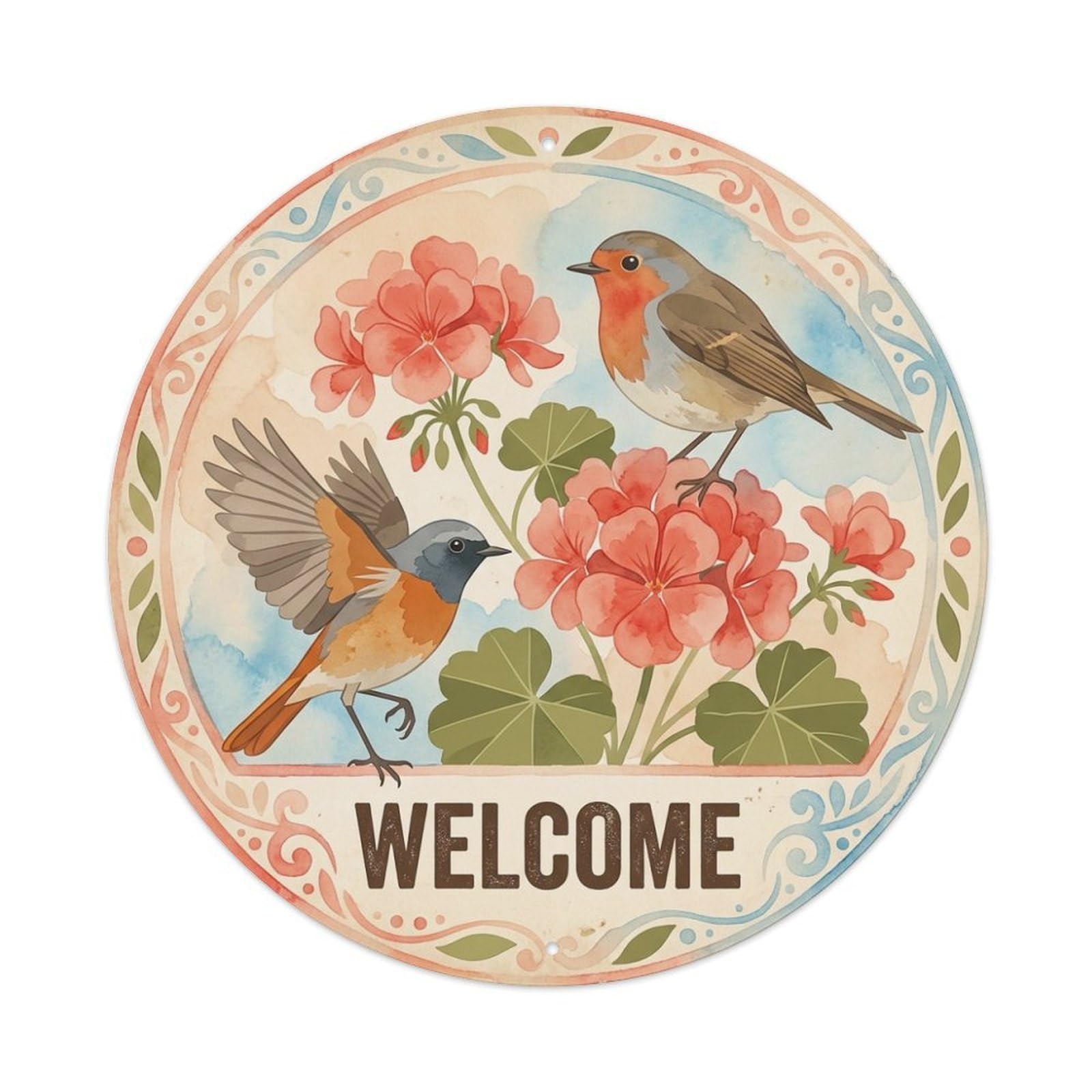 Geranium Sprig Welcome Watercolor Bird Slogan Metal Tin Sign
