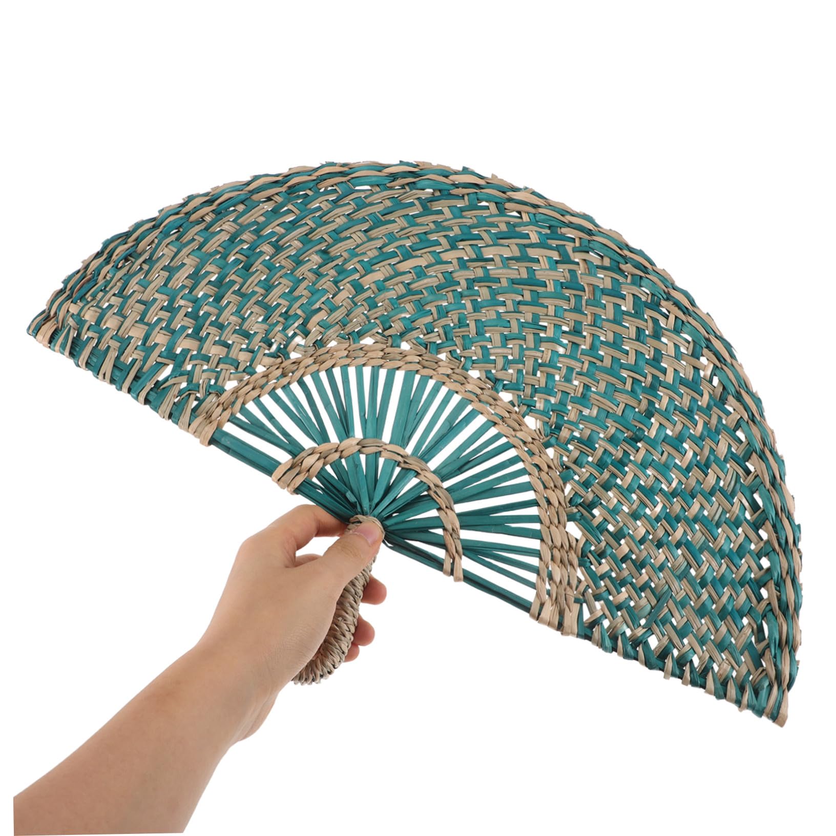 Abanico Tejido a Mano de Paja Natural Verde Semicircular para Decoración de Pared Estilo Bohemio y Rústico Función Colgante Adecuado para Verano