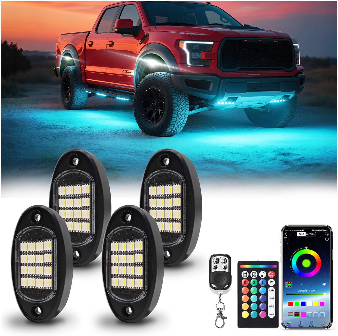 4 Pods RGBW LED Rock Lights for UTV ATV Golf Cart RZR SXS Truck Jeeps Off Road, Waterproof Multicolor Neon Underglow Kit with APP/RF Remote Control&Brake Red Function,12V Pure White Underbody Lights