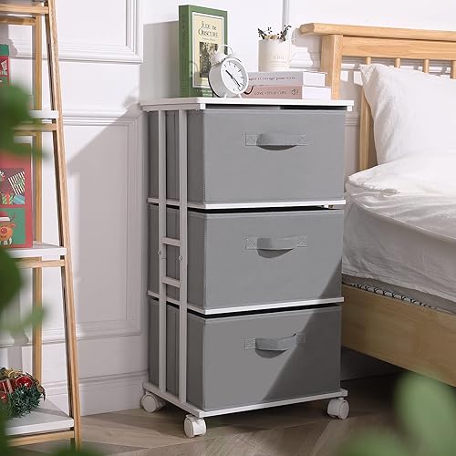 Miniatura 2 de MAX Houser Cómoda con 3 cajones, unidad organizadora de cajones de tela, cómoda con parte superior de madera, cómoda de almacenamiento vertical,