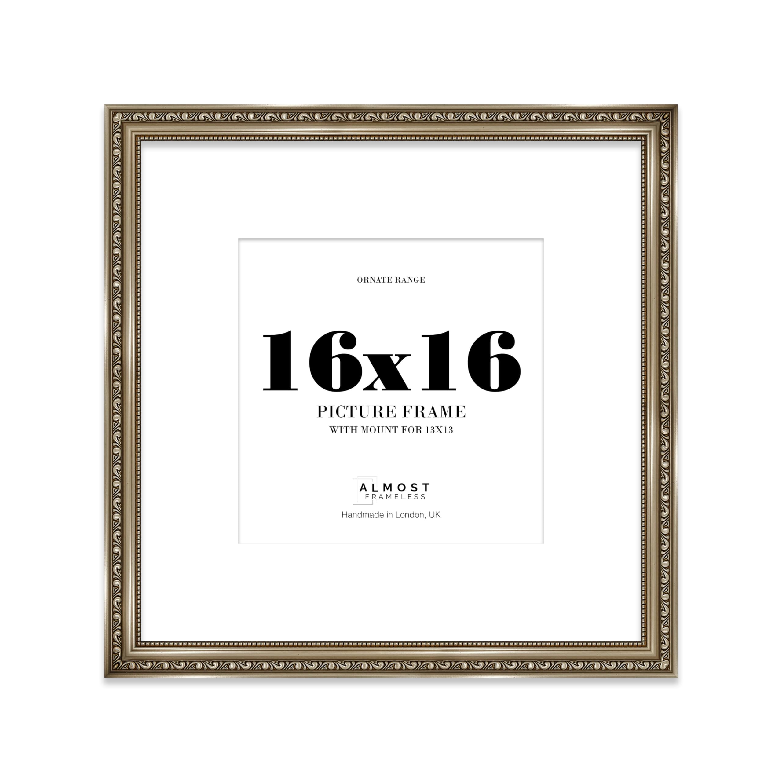 16x16 Gunmetal Ornate Photo Frame With White Mat For 13x13 Picture, Ready to Hang, 1 Pack