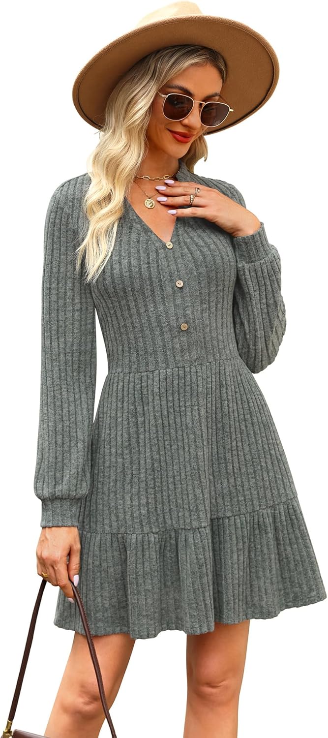 Kranda Women 2026 Spring Long Sleeve Button V Neck Casual Knit Ribbed Winter Sweater Short Mini Dresses with Pockets - Image 6