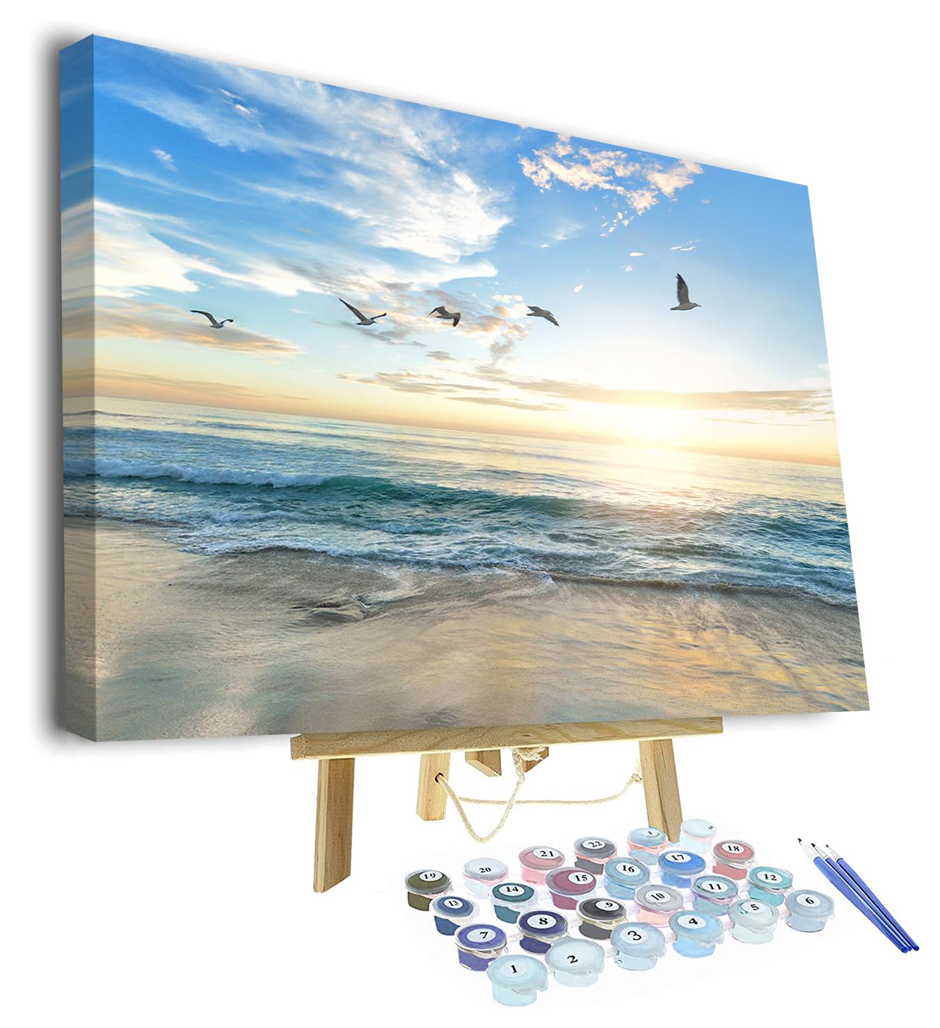 TISHIRON Malen nach Zahlen für Erwachsene Anfänger,Kinder Sonnenuntergang Strand Ozean Vögel Malerei Möwen DIY Ölgemälde Kit für Home Wall Decor mit Rahmen 16 "x20