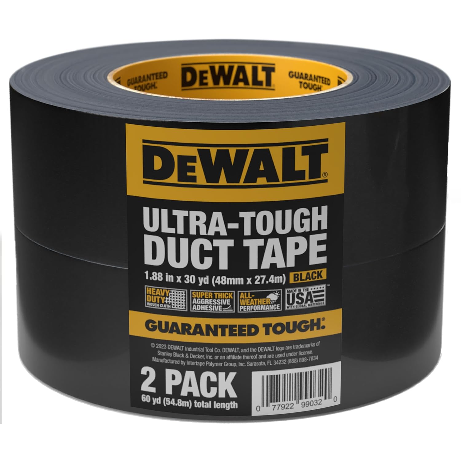 DEWALT Ultra Tough Duct Tape, 1.88 in x 30 yd, Heavy Duty, Ultra Strong, Aggressive Adhesive, All-Weather, 2 Rolls, Black 30-Yard Roll 2-Pack