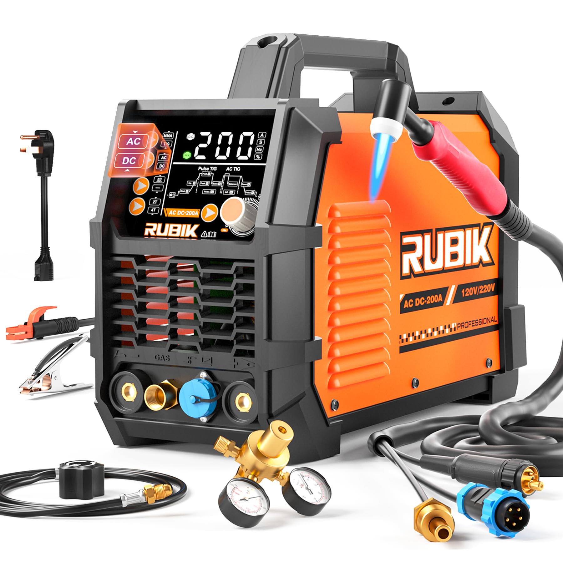 AC/DC Aluminum Tig Welder with Pulse, 200 Amp 6 in 1 Welder 110V/220V Dual Voltage Welder with Digital IGBT Inverter Square/Triangular Wave/Stick/Tig/Spot MultiProcess TIG Welding Machine