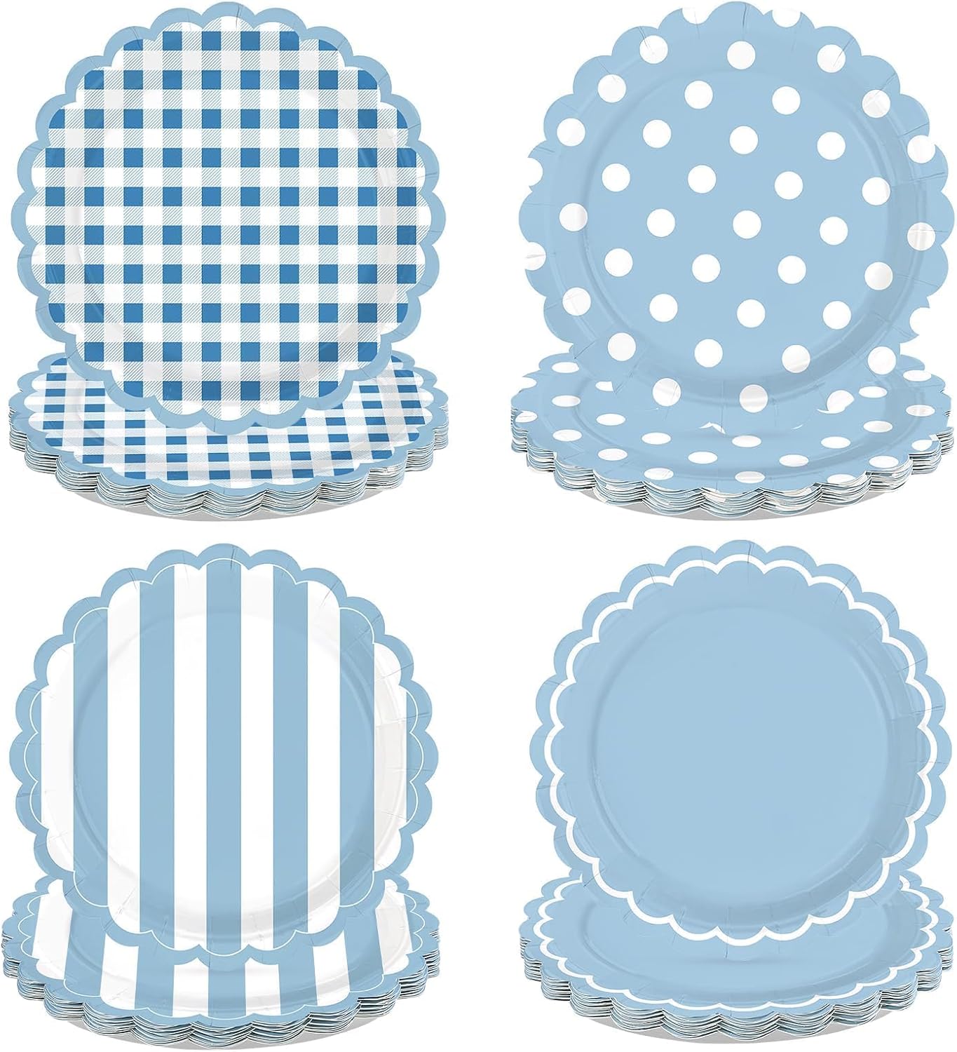 60Pcs Blue Gingham Paper Plates 9'' Heavy Duty Scalloped Striped Dessert Cake Paper Plates Disposable Baby Light Blue Plaid Platters for Spring Picnic Wedding Birthday Party Decorations