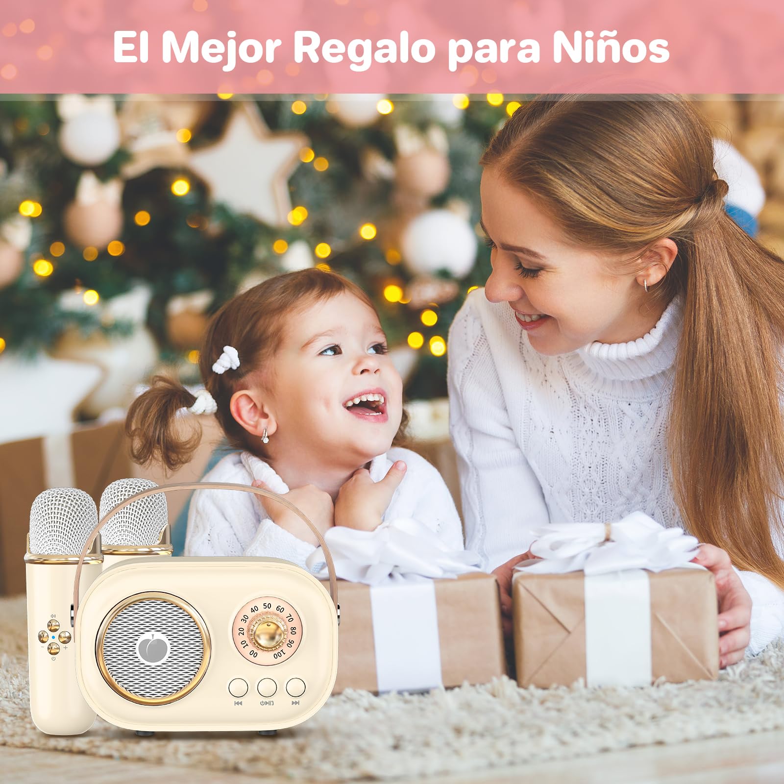 Mini Máquina de Karaoke para Niños Adultos,Altavoz Bluetooth Portátil con 2 Micrófonos Inalámbricos, Regalos Juguetes para Niñas 3, 4, 5, 6, 7, 8+ Años Cumpleaños Fiesta Familiar en Casa-Beige
