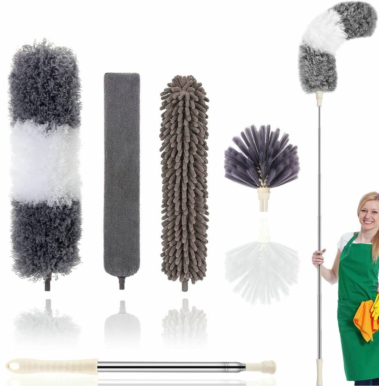 Microfiber Duster Kit High Reach Ceiling Fan Duster with Extendable Pole 100" Telescoping Cobweb Duster for Cleaning, Bendable Head Washable Duster for Ceiling, Fan, Furniture