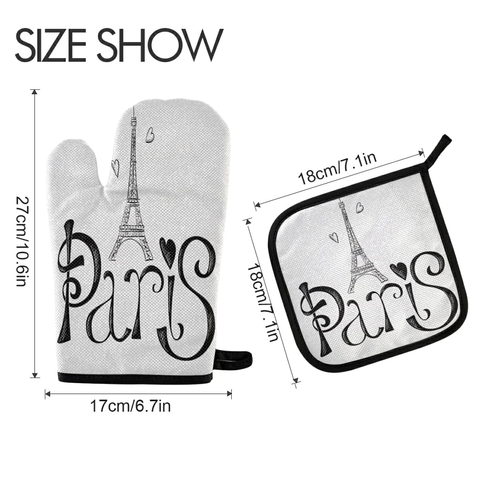 ALAZA I Love Paris Eiffel Tower France White Oven Mitt and Pot Holder Set Heat Resistant Kitchen Glove for Cooking Baking Grilling Barbecue