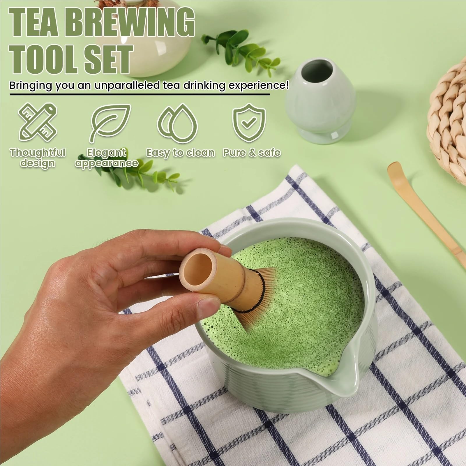 Juego de 4 herramientas for preparar té matcha, batidor de matcha, con cuchara, soporte y cuenco for principiantes y entusiastas. Juego de Té Matcha(White)