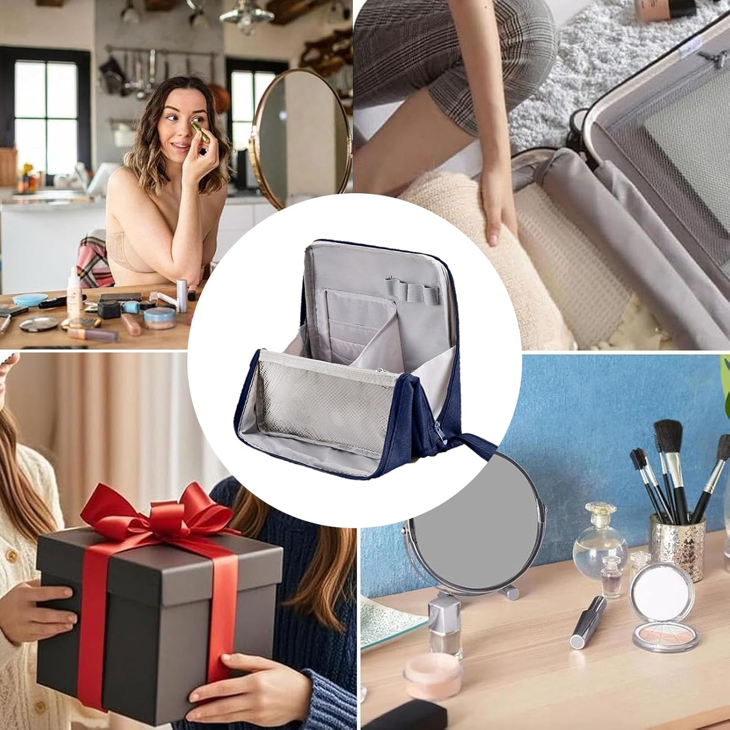 Large Capacity Standing Makeup Bag,Upright & Vertical Traveler Makeup Organizer,Waterproof Parallel Stand Up Makeup Bag with Compartments for Women & Girls (Navy Blue) - Image 6