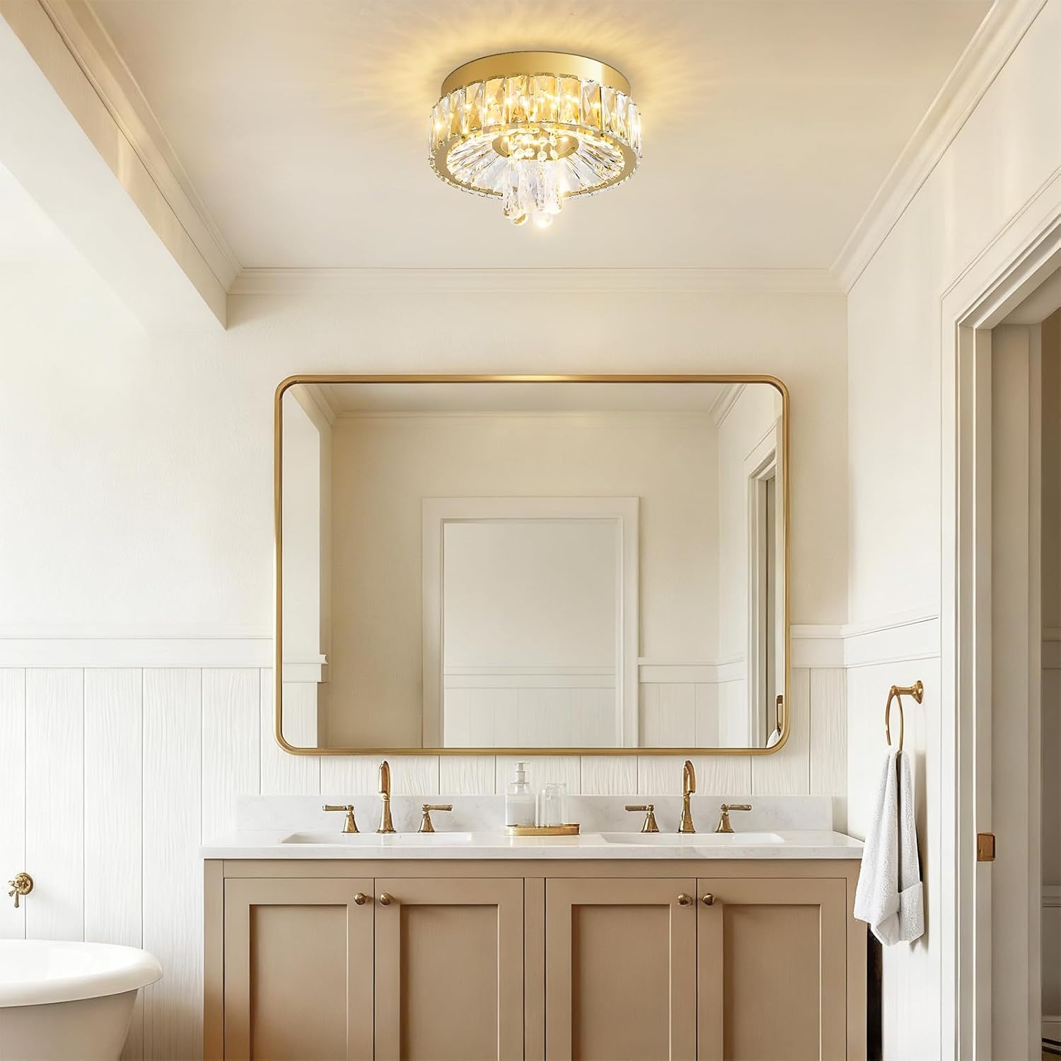 Modern Flush Mount Crystal Chandeliers: 12" Gold Small Ceiling Light LED Dimmable With Remote - Mini Semi Round Chandelier Crystal Foyer Lighting Fixtures For Bedroom Dining Room Entryway Hallway