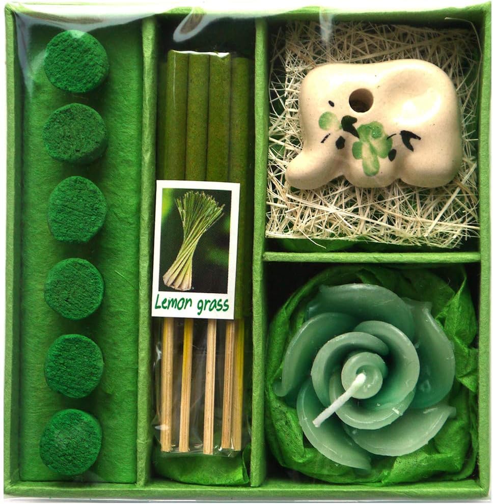 アロマギフトBOX 退職ギフト 色おまかせ 香りつきアロマキャンドル 2種類のお香 陶器製お香立ての入ったギフトセット サンキューシール付き