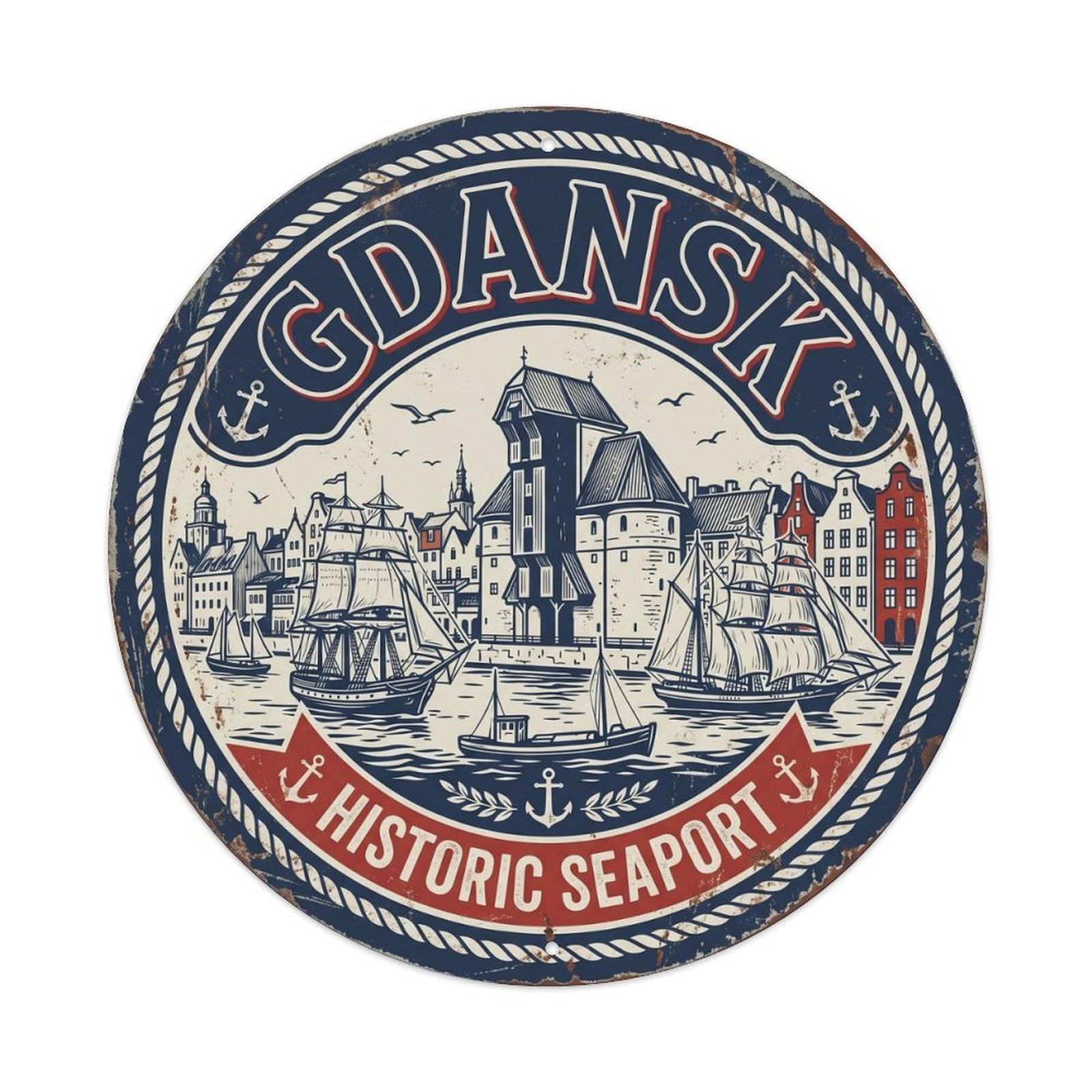 Vintage Travel Gdansk Poland Harbor Metal Tin Sign Plaque Wall Decor for Cafe, Club, Garden Round Metal Poster 8x8Inch