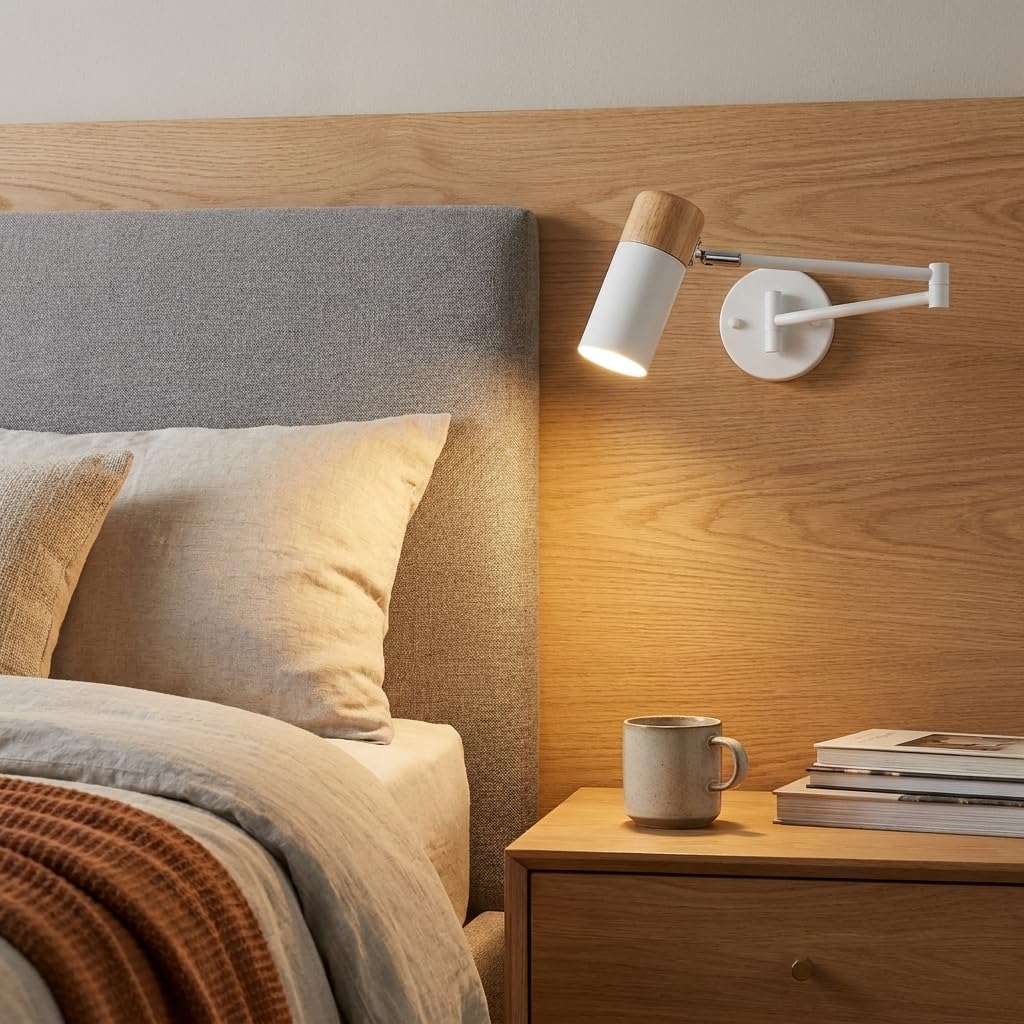 BARCELONA LED Applique Murale Extensible LOGAN Bois et Métal Blanc Style Nordique Moderne Vintage Industriel Bras Articulé Tête Rotative 360° Douille E27 G45 Lampe de Lecture Chambre Salon Intérieur