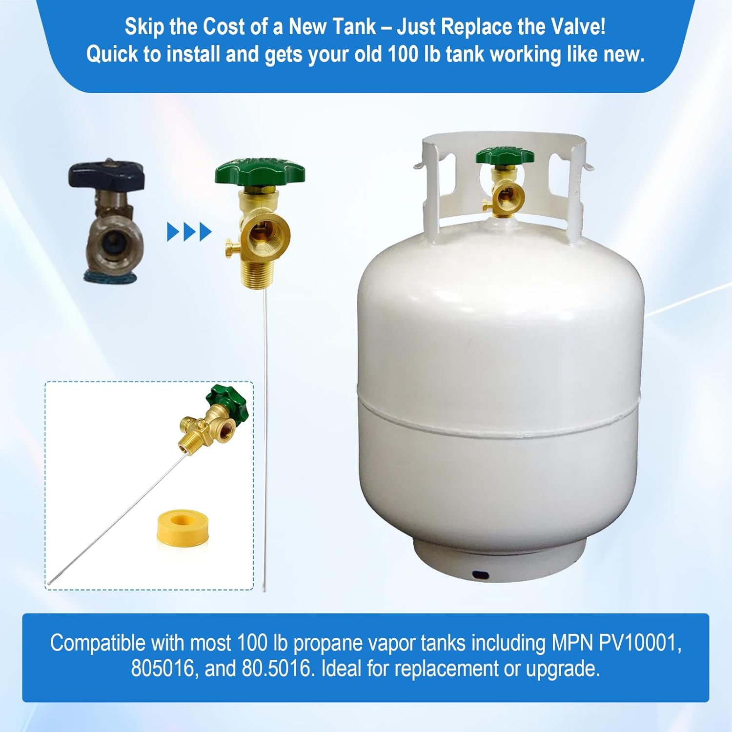 Propane Adapter,100LB Propane Vapor Tank Service Valve Coupler with Manual Bleeder Valve, POL Connection, Heavy Handle & 10.2" Dip Tube–Fits for Grills, Heaters, RVs, Fryers & Outdoor Propane Setups.