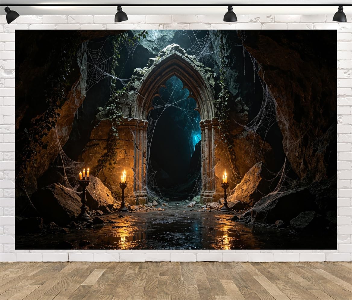 BELECO 6x3m Sfondo in tessuto Grotta Gotica Sotterranea Infestata | Grotta Ad Arco In Pietra Antica Luce Di Candele Ragnatela Sfondo Festa Halloween Telo Di Sfondo