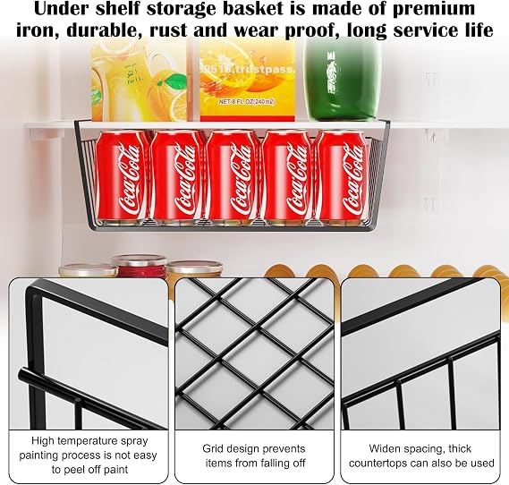 Under Shelf Wire Basket, Under Shelf Basket, Shelf Organizer, Hanging Storage Baskets Metal Pantry Organizer Slide in Baskets Slide on Wire Shelves for Kitchen Pantry Bookshelf (Medium black)