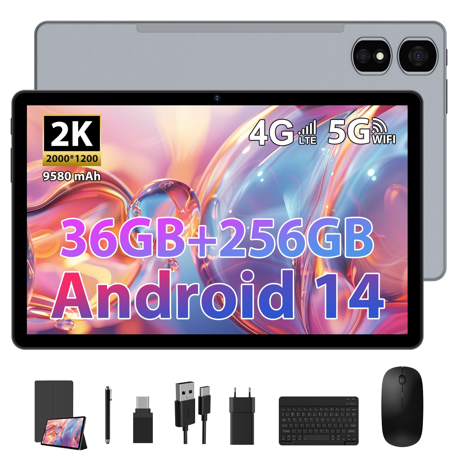 TIGERFU Tablet 11 Pollici, 2K Tablet con Tastiera e Mouse, 36GB RAM + 256GB ROM + TF 2TB, Doppia SIM + 5G/2.4G WiFi, Octa-Core 2.0 GHz, 8MP+13MP, 9580mAh, BT5.0, 2000 x 1200 Pixel (Grigio)
