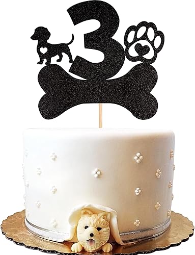 1 pieza de decoración para pastel de tercer cumpleaños con purpurina negra con pata de perro de tres años de edad, cachorro de perro, hueso de hueso