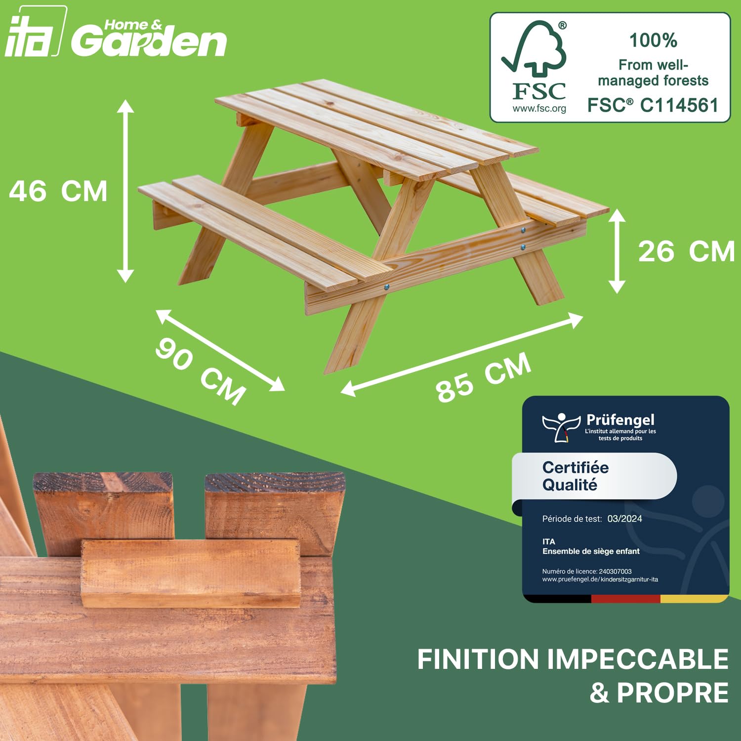 ITA Table de Pique-Nique pour Enfants en Bois avec 2 bancs, Ensemble Table et bancs pour Enfants dès 3 Ans, pour intérieur et extérieur, Bois certifié FSC, fabriqué dans l'UE, Marron