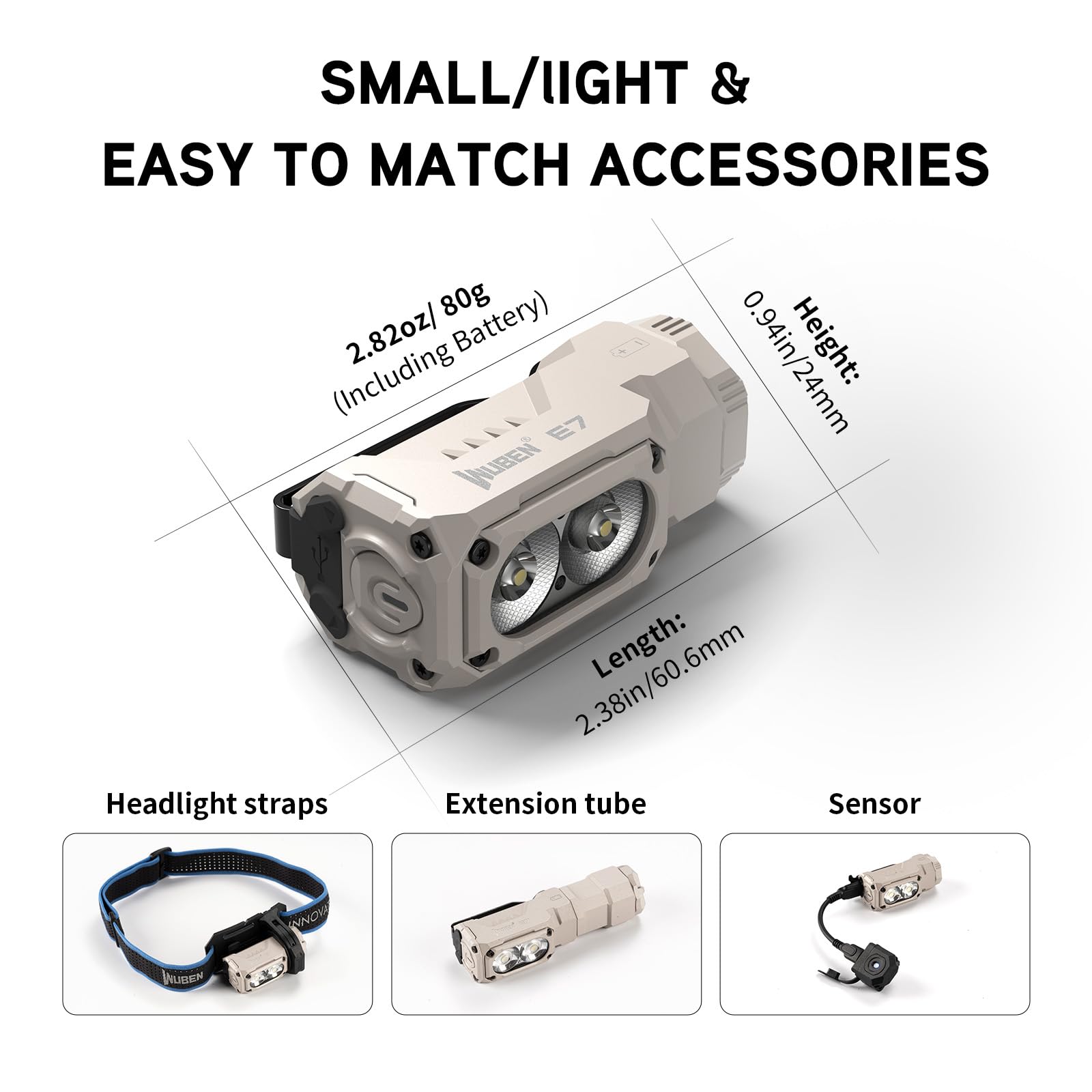 WUBEN E7 1800 lumen Kaki Mini torcia ricaricabile con magnete – Torcia elettrica super luminosa a 6 modalità EDC LED ricaricabile di tipo C IPX8 torcia frontale salvataggio campeggio