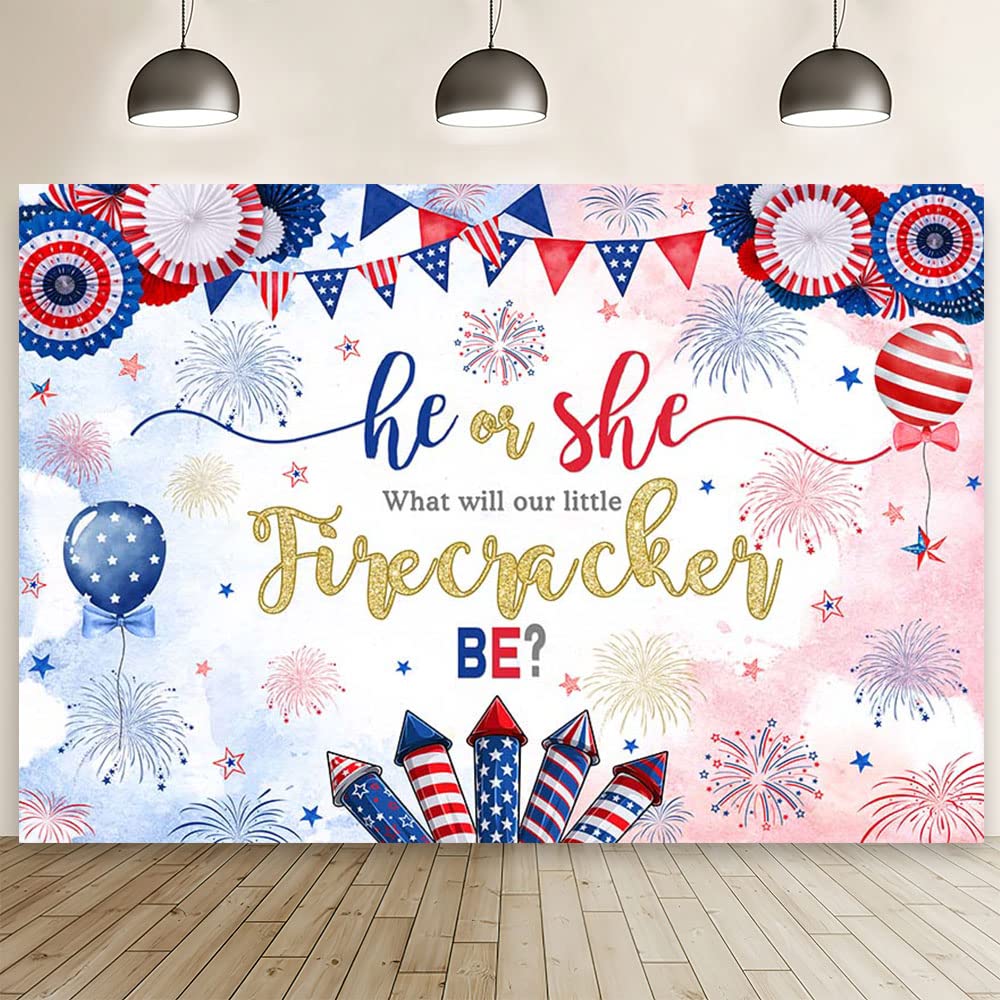 MEHOFOND 7x5ft 4th of July Gender Reveal Backdrop Independence Day He or She What Will Our Little Firecracker Be Baby Shower Photography Background Red White and Due Cake Smash Decor Photo Studio Prop