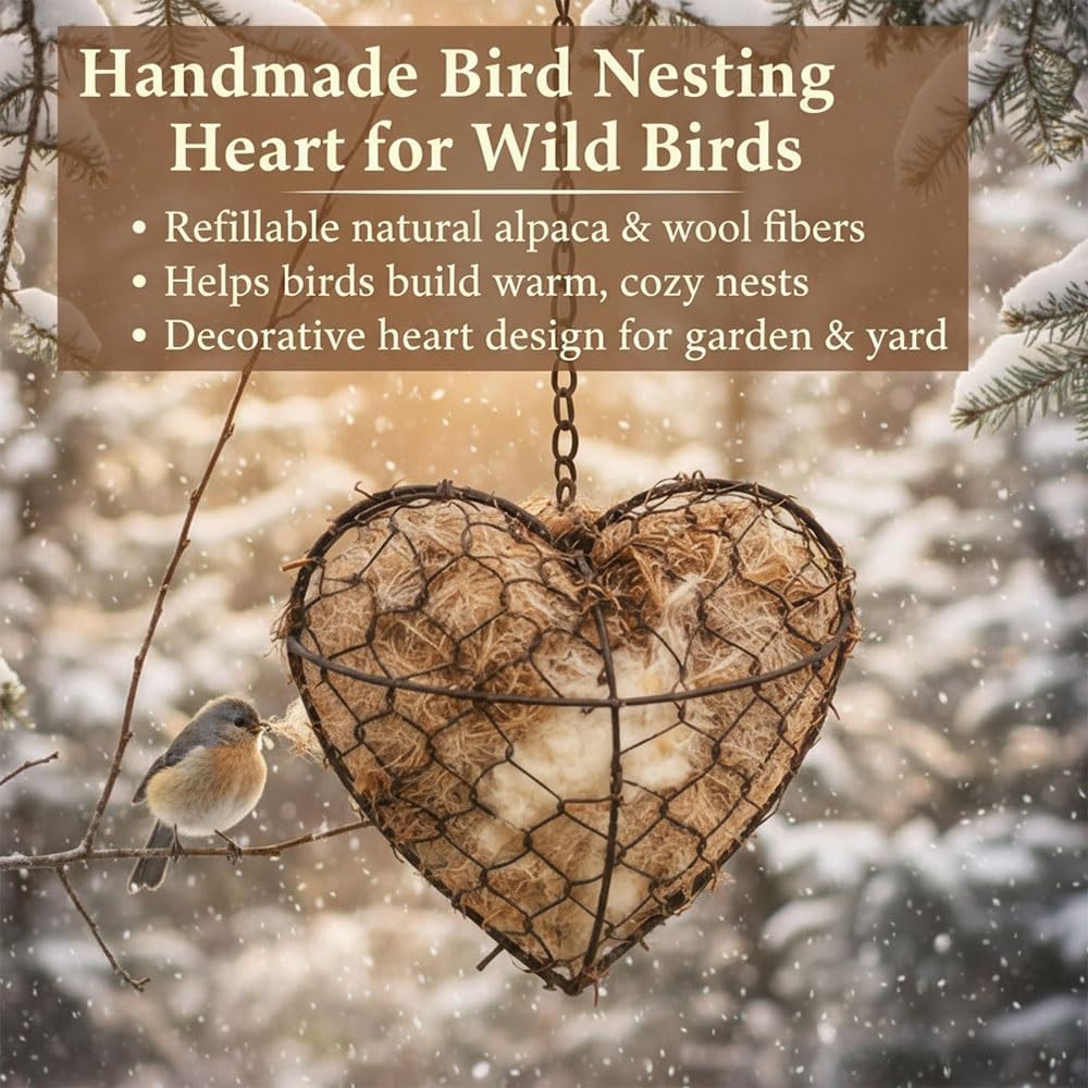 Handmade Alpaca Fiber Bird Nesting Heart, Winter Tree Shelter for Wild Bird, Birds Nests Material Holder, Hummingbird Houses Nest Boxes for Outside Garden Art Birdhouse, Gifts for Birds Lovers(3PCS)