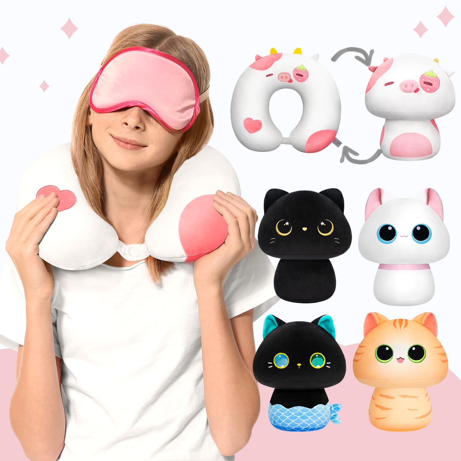 Mewaii Travel Pillow, Cute Strawberry Cow Stuffed Animal Neck Pillow for Adult, Kids, Reversible Plush Squishy 2-in-1 Plush Toys for Airplane, Car(13 Inches)