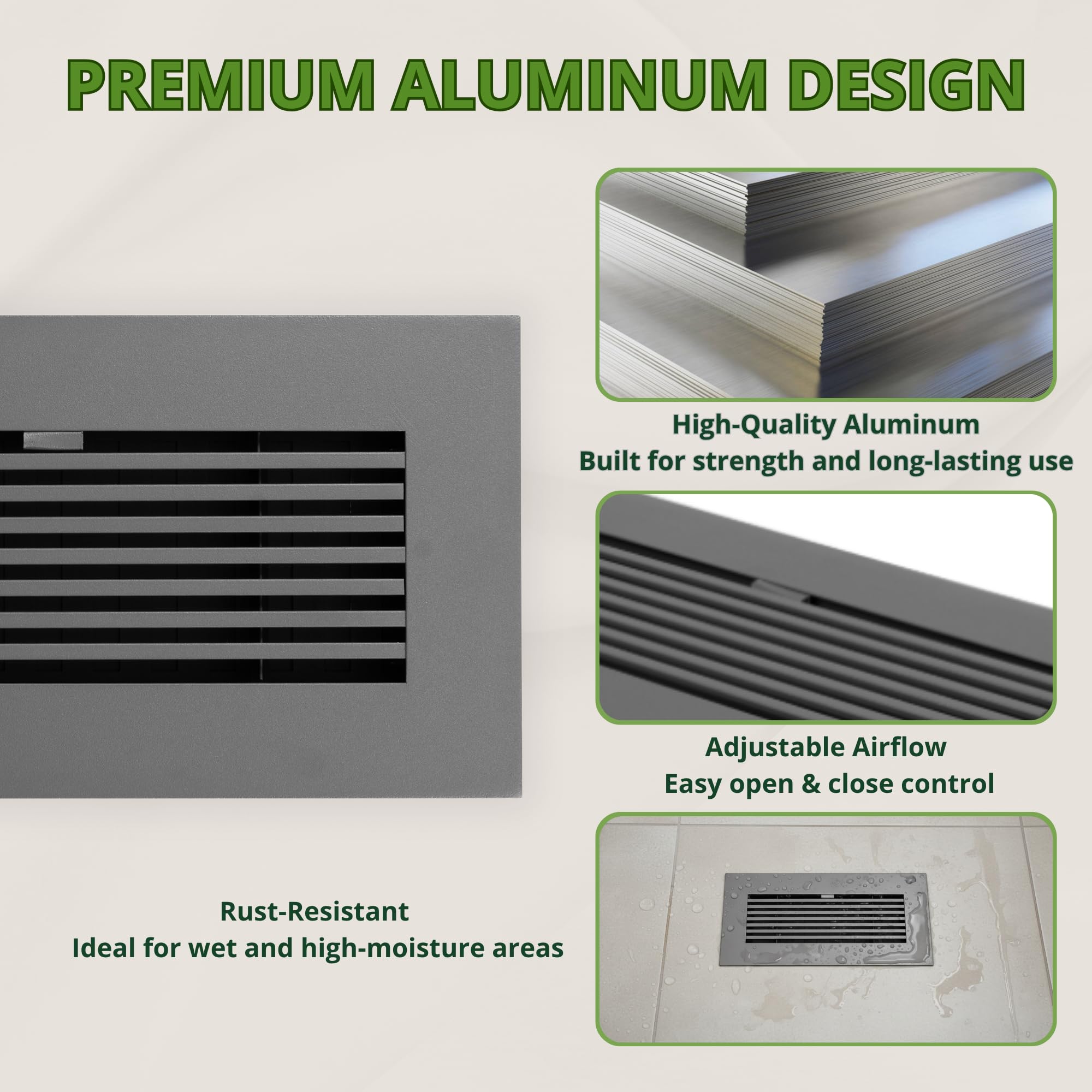 Modernes Aluminium-Bodenregister 10 x 25 cm (Kanalöffnung) – mattgraue Bodenlüftungsabdeckungen mit verstellbarem Dämpfer, leise HVAC-Bodenbelüftungen, rostbeständige Lüftungsabdeckungen
