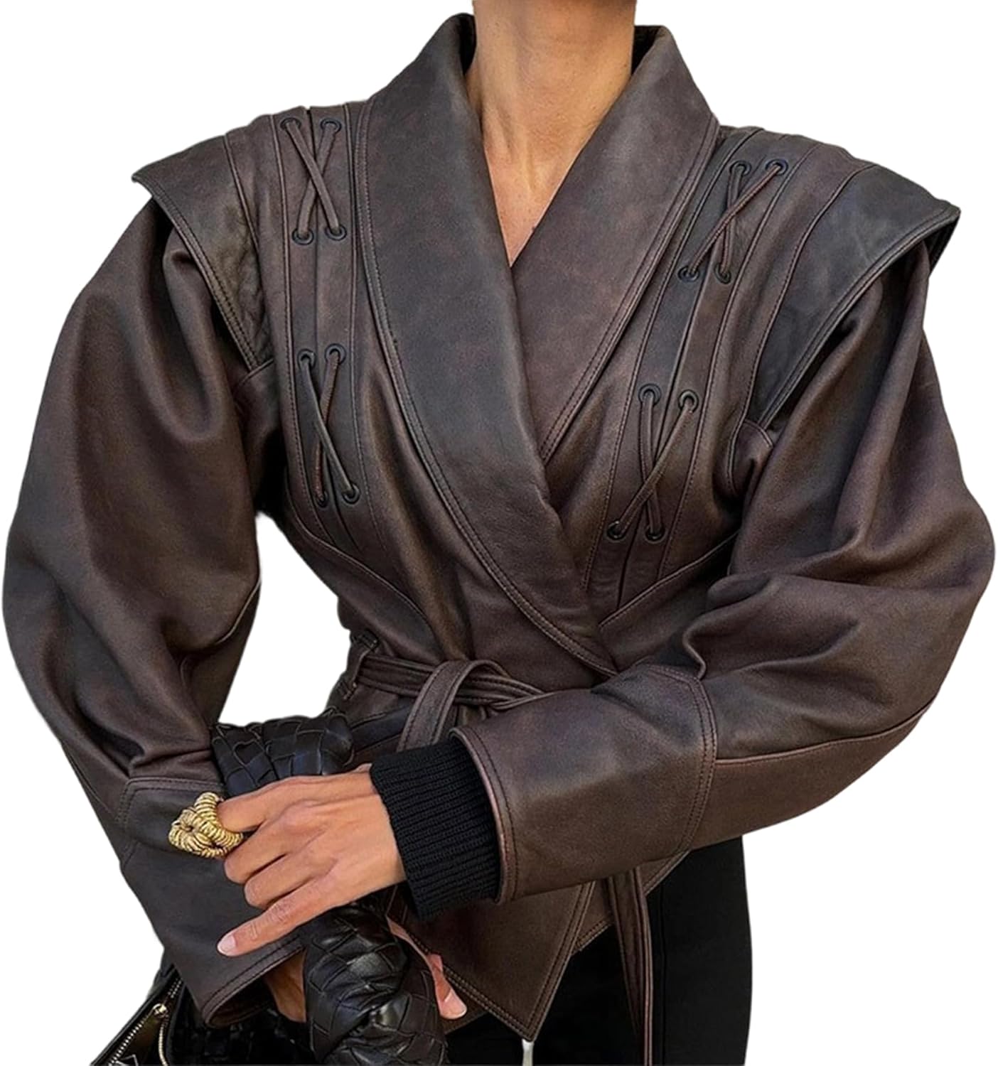 LETSVDO Leather Jacket Women Faux PU Oversized Lace Up Asymmetrical Belted Motorcycle Bomber Coats Fashion Fall Clothes