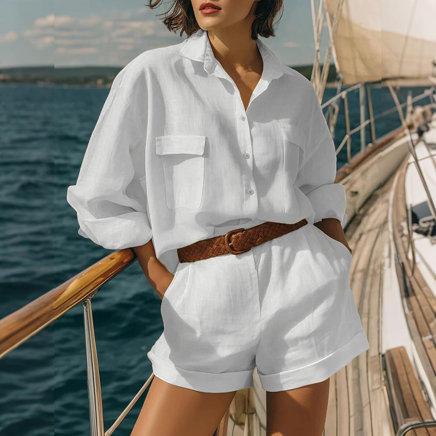 Women's Linen Shorts Sets 2 Piece Summer Short Sleeve Button Top and Shorts Cotton Linen Set Vacation Beach Outfits