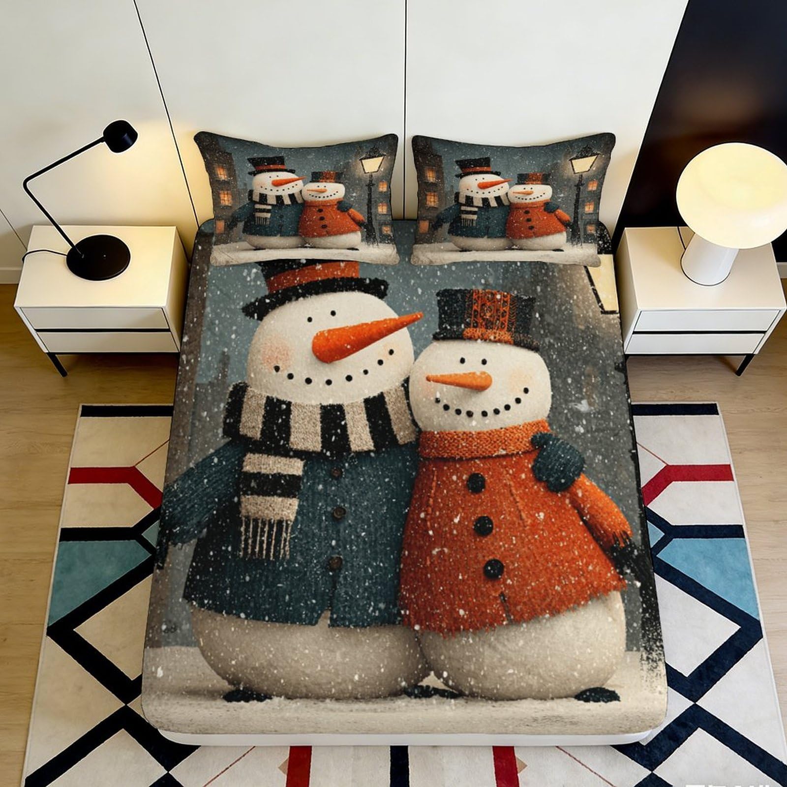3D Printed Snowman Couple Fitted Sheet Microfiber Soft Winter Scene Bed Sheet for Bedroom Guest Room Décor Mattress Cover 90x200x25cm