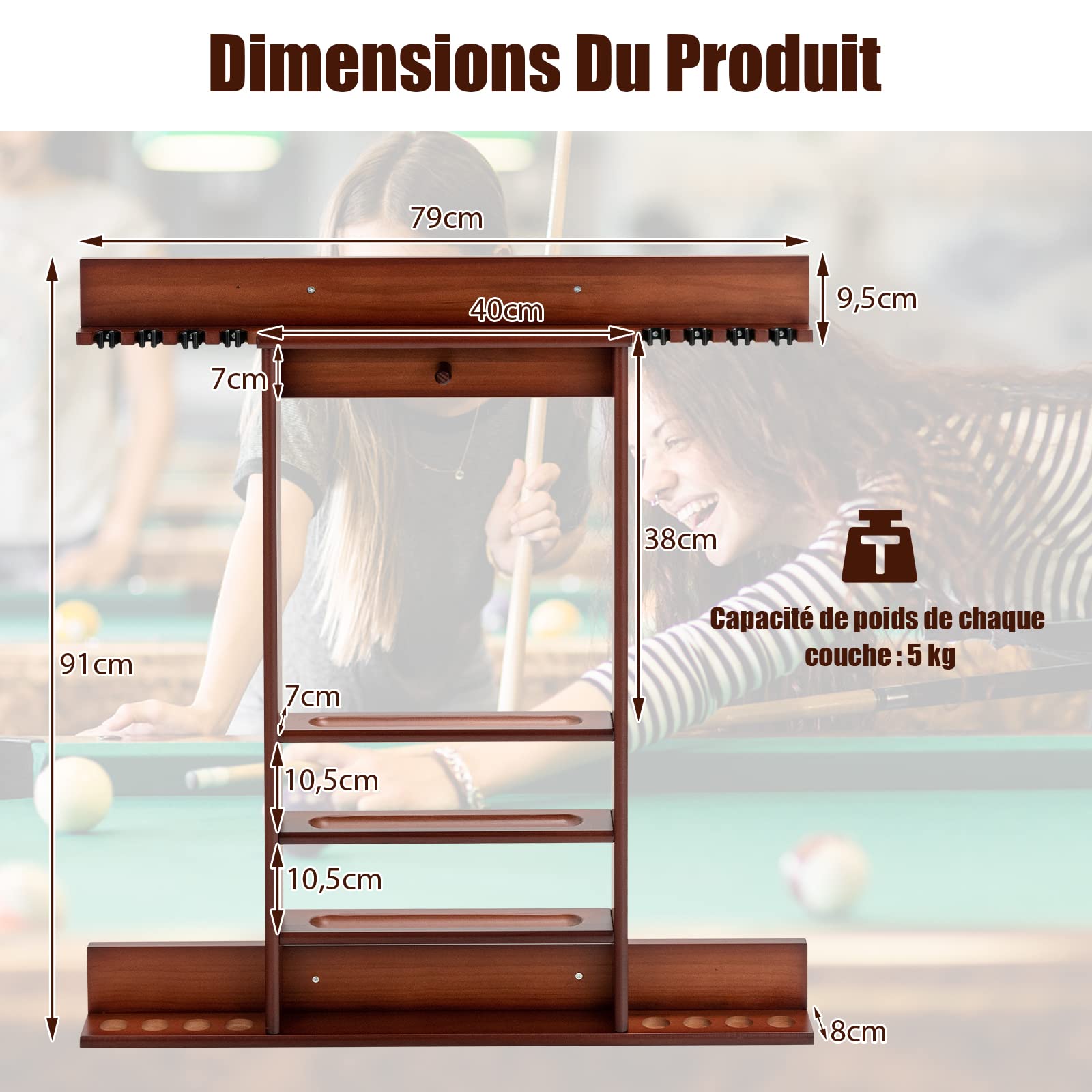 GOPLUS Support pour Queues de Billard en Bois de Pin, Porte-queue 8 Queues, Support Mural, Brun