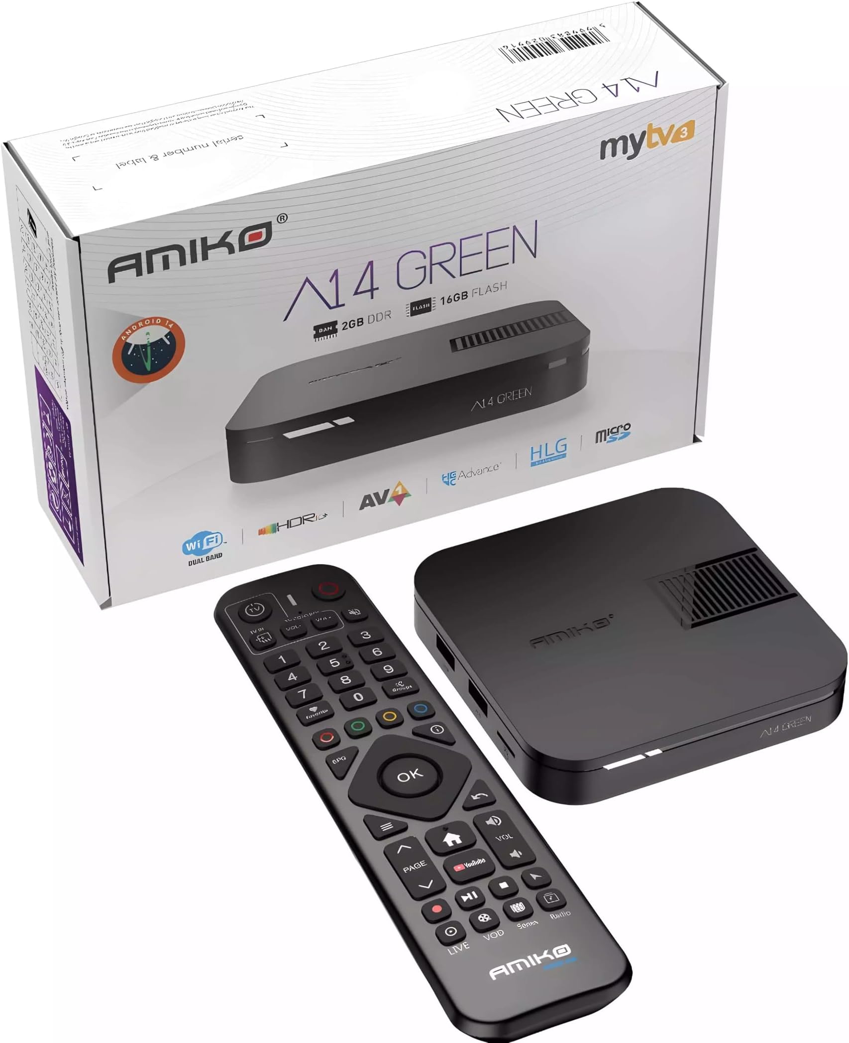 Amiko A14 Green 4K UHD ANDROID 14 Mytv3 Quad Core Dual Band WiFi HDR10 UK PLUG TV BOX AMIKO 2GB RAM,16GB MMC