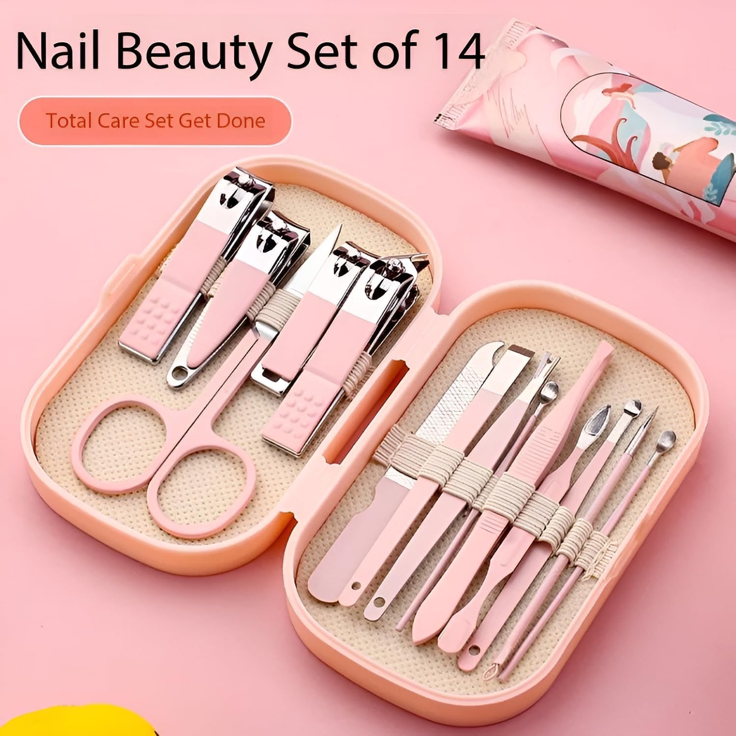 Netram Store Professional Manicure Multifunctional Nail Care Clippers Set Carbon Steel Portable Travel Mini Cutter Kit With Leather Bag For Men Women (14 Psc Pink) 3