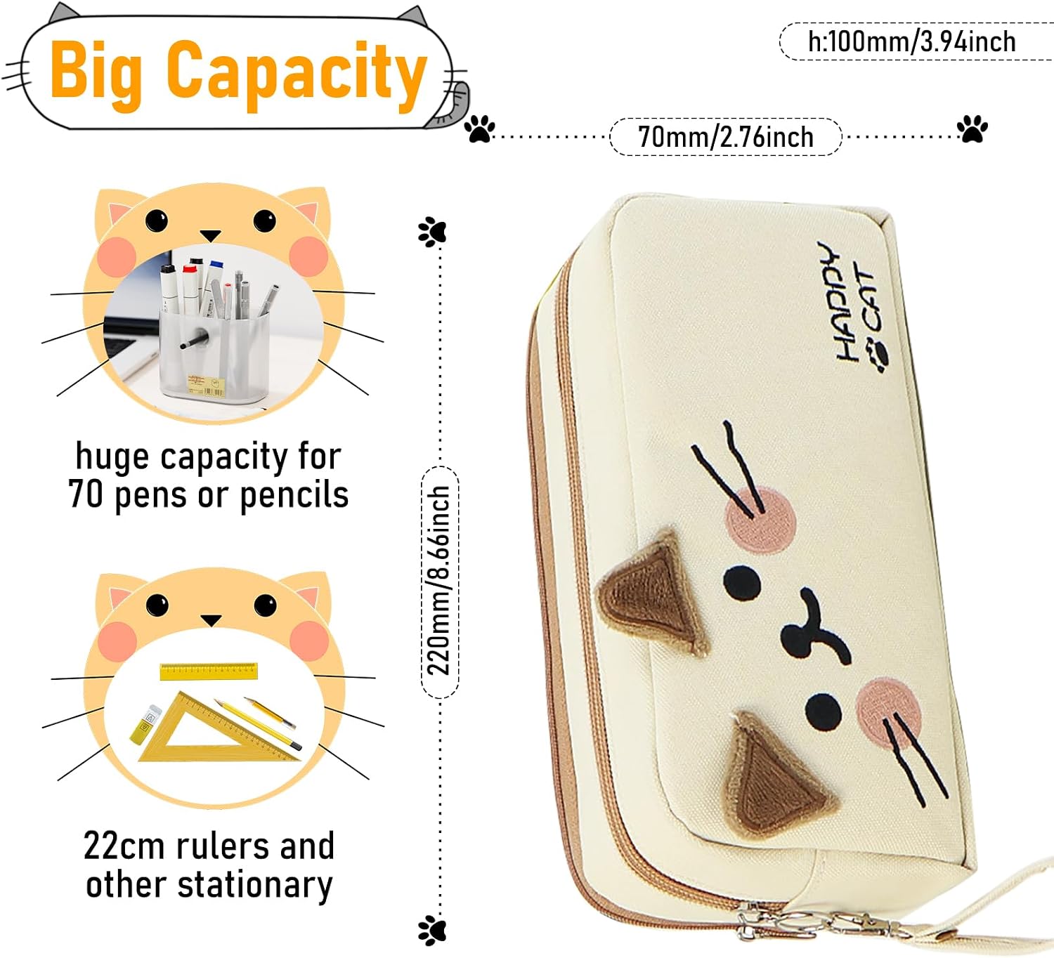 Cat Large Pencil Case,Big Capacity Pencil Pouch Stationery Pen Bag Storage High Capacity Bag Pouch Holder Box Organizer（White）