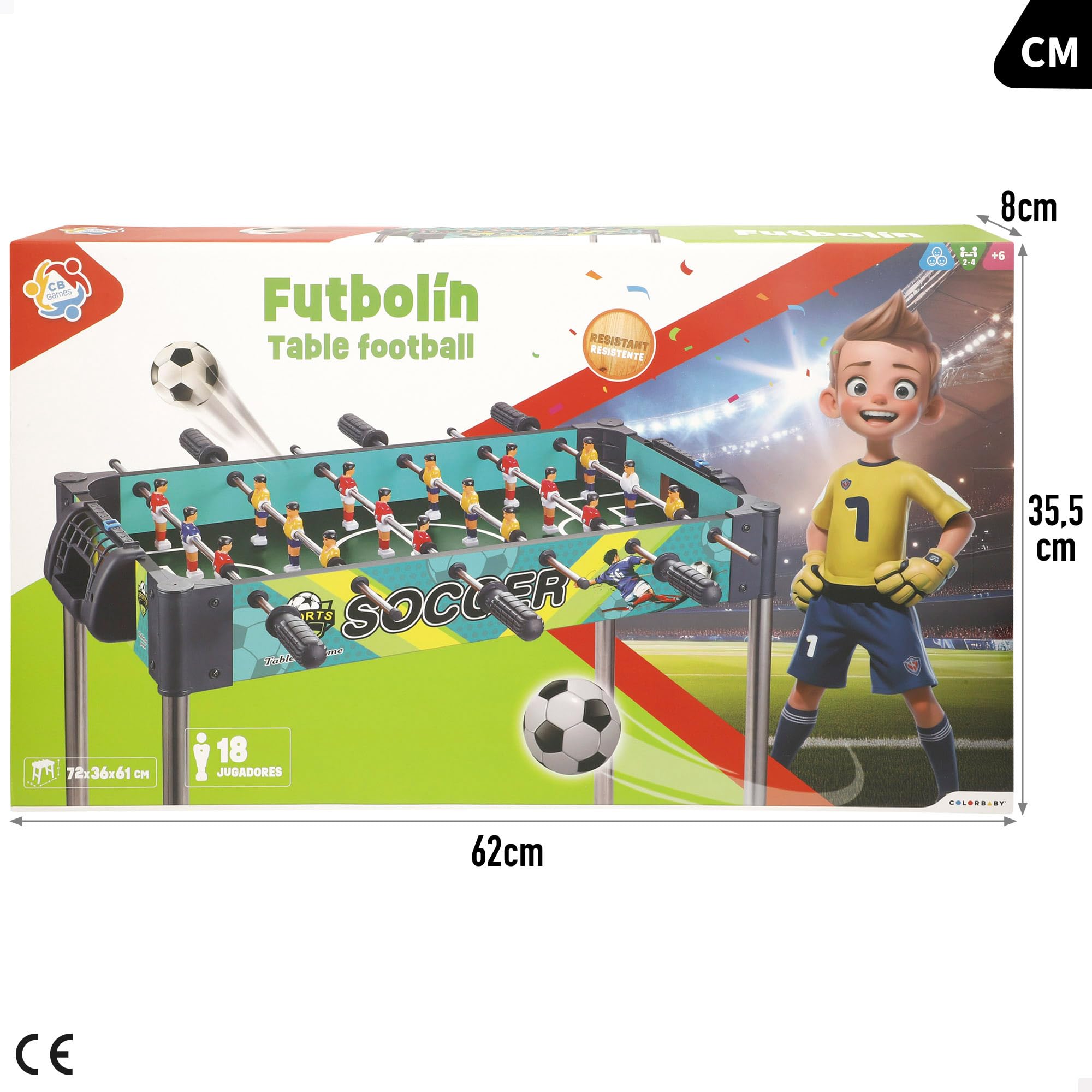 ColorBaby CB Games 39468 Baby-Foot en Plastique résistant, 18 Joueurs, avec marqueurs manuels, pour 2 Personnes, Baby-Foot pour Enfants