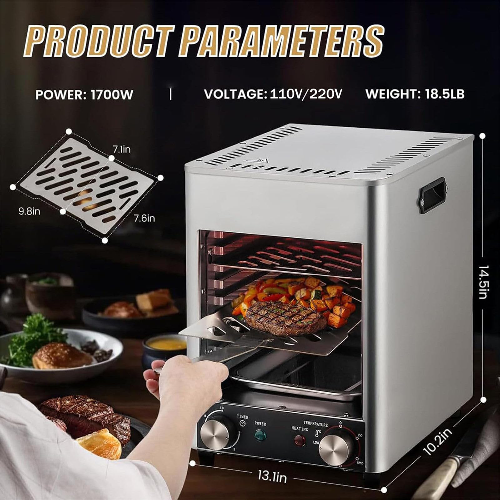 Parrilla eléctrica para carne, horno portátil de encimera, parrilla eléctrica sin humo, horno eléctrico comercial con temporizador de 10 minutos y ajuste de temperatura de 1,472.0 °F, horno 4