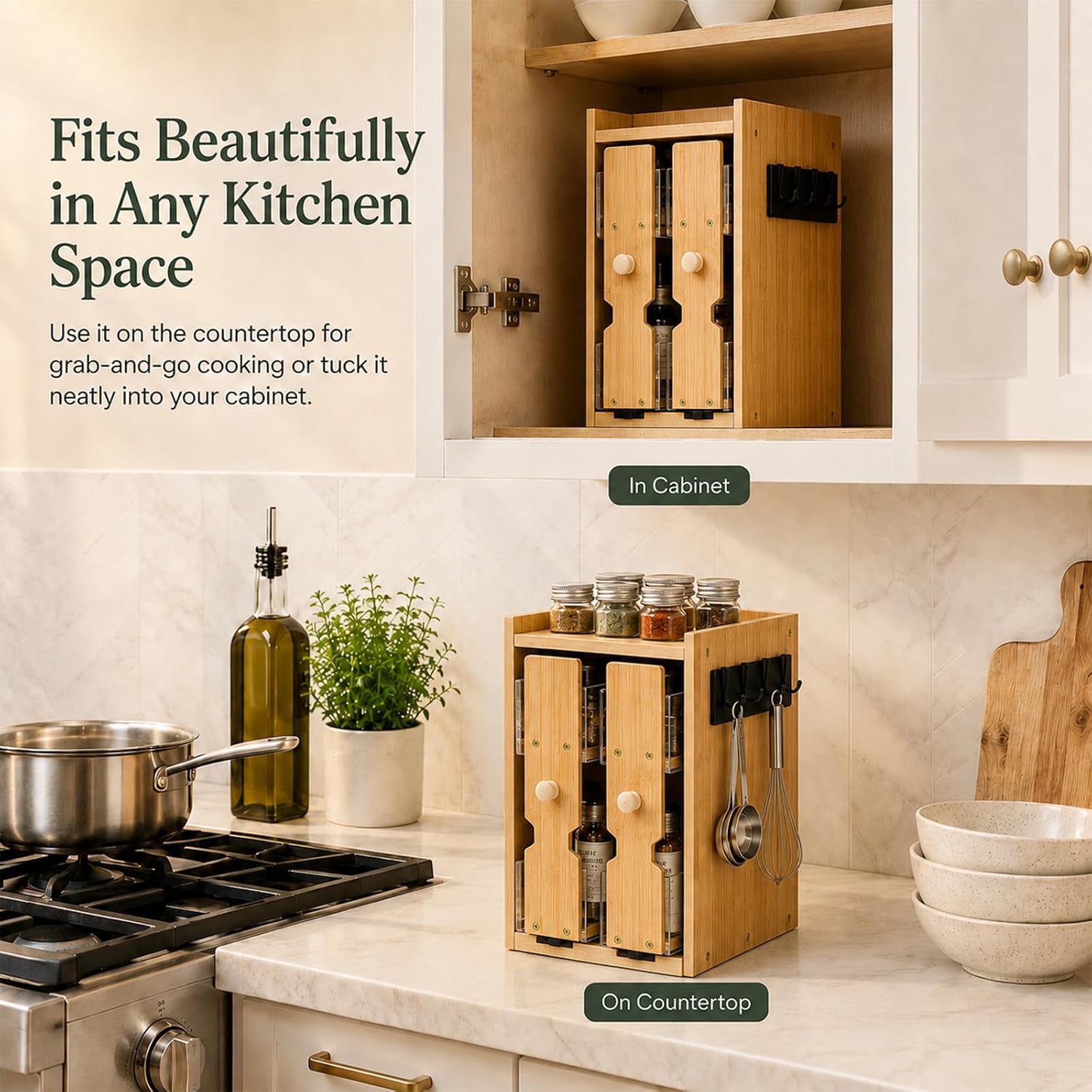 Pull Out Spice Rack Organizer for Cabinet, Bamboo 2-Tier Double Slide Out Spice Organizer, Countertop Spice Cabinet Organizer for Kitchen Seasoning Storage, Space Saving