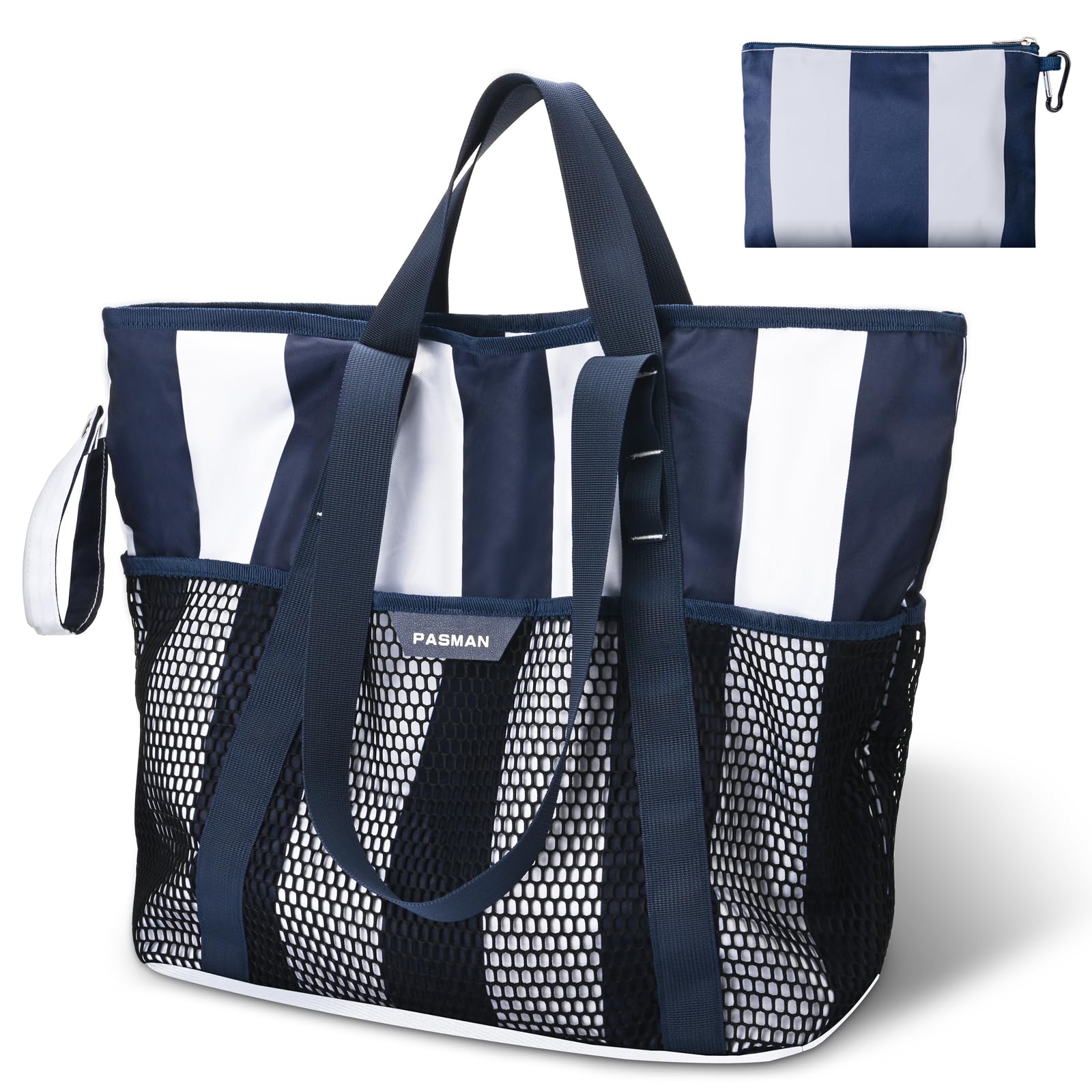 PASMAN Large Waterproof Beach Bag with Zipper - Sandproof Tote | Eight pockets and breathable mesh, packs flat and stays lightweight, room for towels, snacks, and family beach-day gear Navy