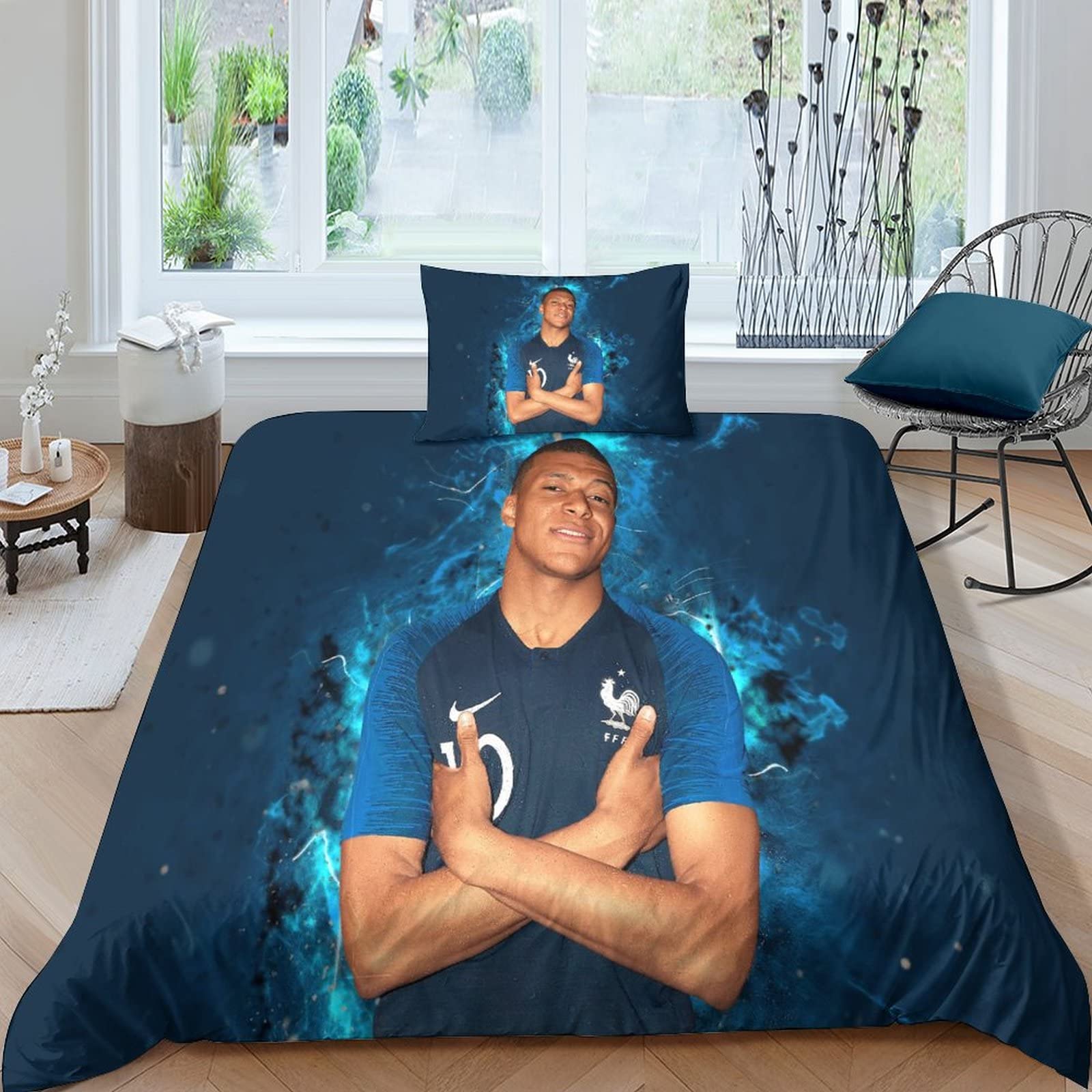 FLOAPA Kylian Mbappé Duvet Cover Cartoon 3 Pieces Anime Bedding Set with Pillowcases Microfiber Quilt Duvet Cover with Zipper Closure for Girls 135x200cm