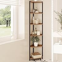 Hzuaneri 6-Tier Rustic Brown Corner Shelf Stand - Metal Frame Bookshelf, Plant Stand, Storage Unit for Living Room, Bedroom CS06001B