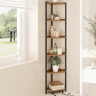 Hzuaneri 6-Tier Rustic Brown Corner Shelf Stand - Metal Frame Bookshelf, Plant Stand, Storage Unit for Living Room, Bedroom CS06001B