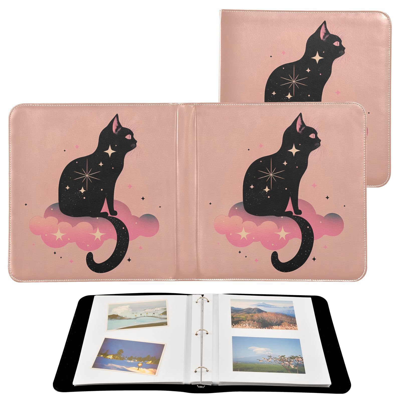 JIPONI Cute Black Cat Large Photo Album, DIY Leather Cover Scrapbook Albums for 4x6 5x7 6x8 Pictures, Self Adhesive Memory Book for Wedding, Baby, Family