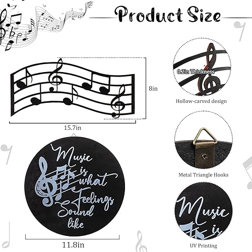 Miniatura 2 de 2 piezas Music is What Feelings Sound Like Madera Vinilo Notas Musicales Silueta Decoración de Pared Álbum de Disco Redondo Decoración de Pared