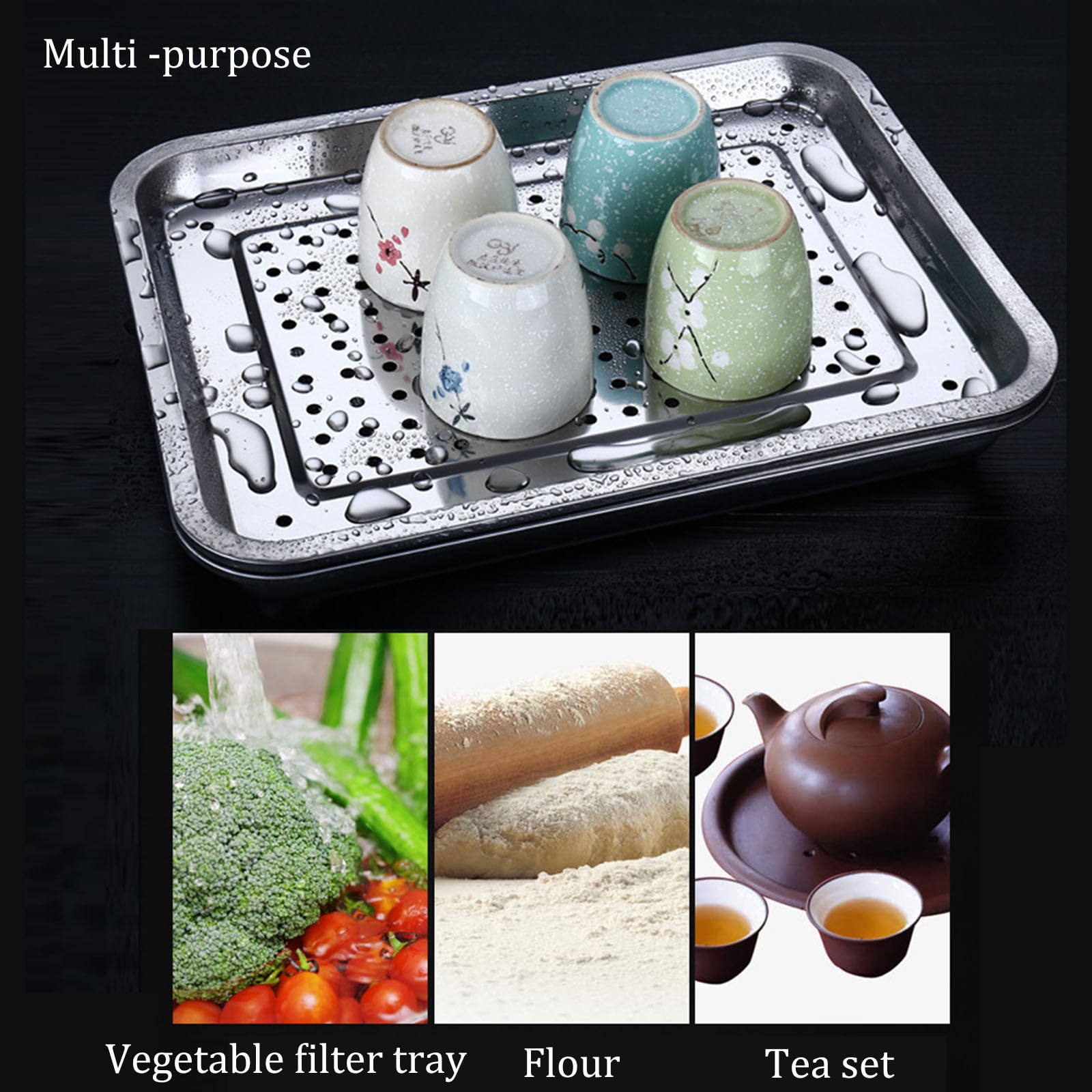 Vassoio da tè Cavo in Acciaio Inox - 45x35 cm, Organizer in Metallo con Sistema di drenaggio per Frutta, tè e Altro - Design Resistente ed Elegante per la casa e la Cucina